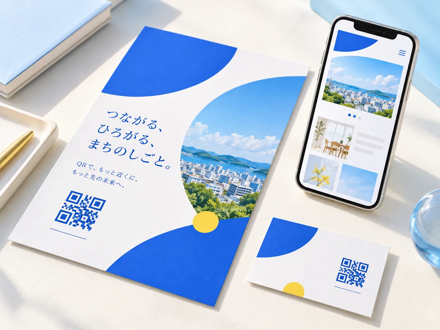青と白のチラシ・名刺に印刷された QR コードと、Web ページを表示するスマートフォンの利用イメージ