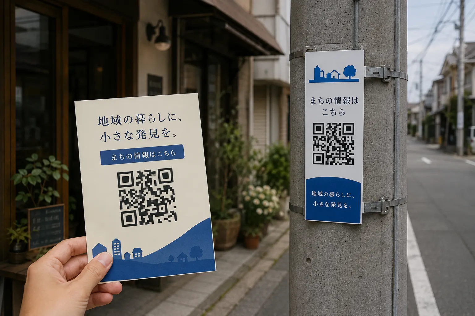 手に持ったチラシと電柱に取り付けられた看板、それぞれに印刷された QR コードの利用イメージ